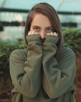 Merino blend hoodie worn outdoors